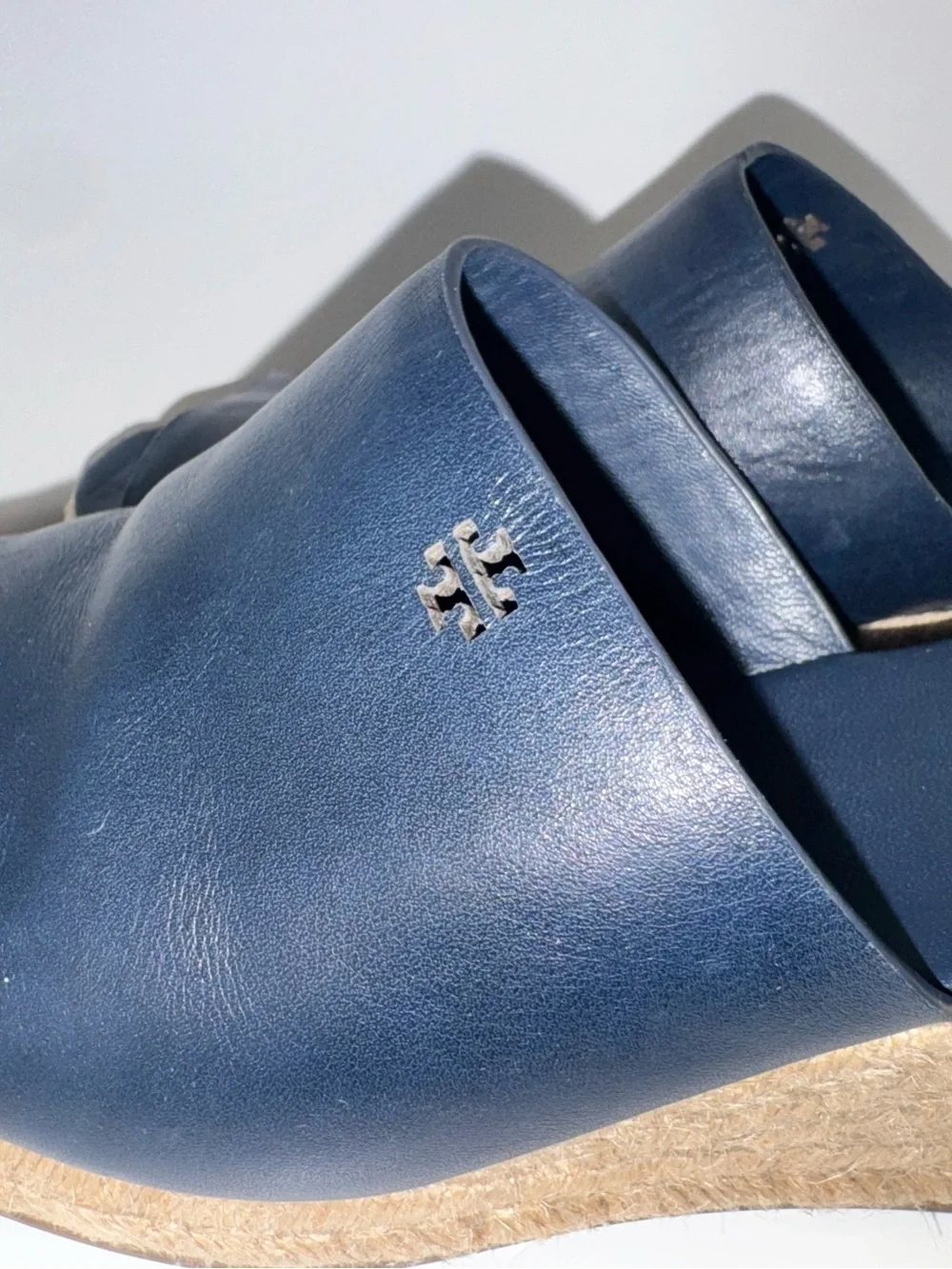 Tory Burch Landon Navy Leather Espadrille Wedge Slide Sandals Size 9